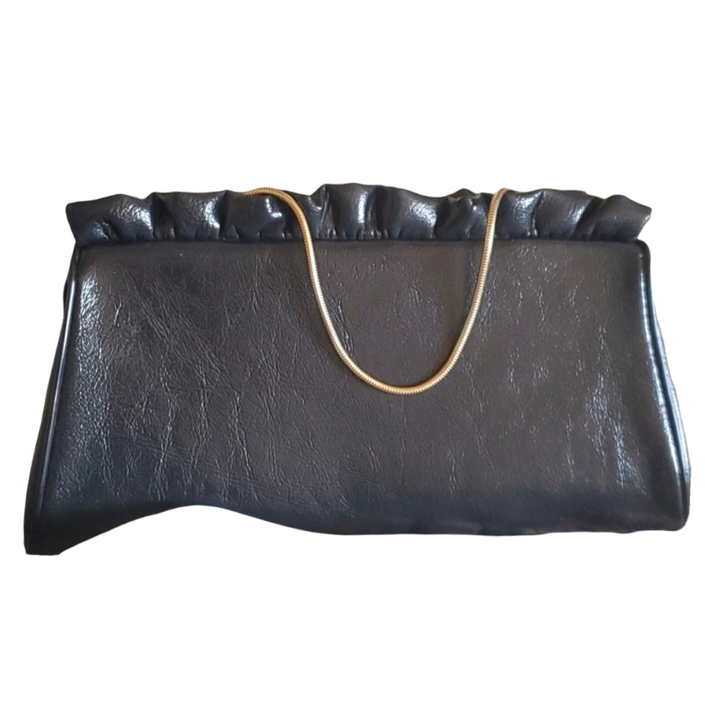 Vintage Clutch Bag Dark Navy Man Made Material Gold Tone Clasp and Strap